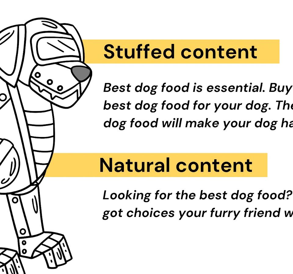 a comparison graphic showing "stuffed content" versus "natural content," emphasizing the difference in writing styles to avoid seo mistakes like keyword stuffing.