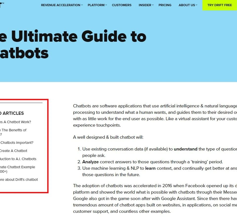 A blog post about chatbots demonstrating a pillar cluster content strategy with featured articles.