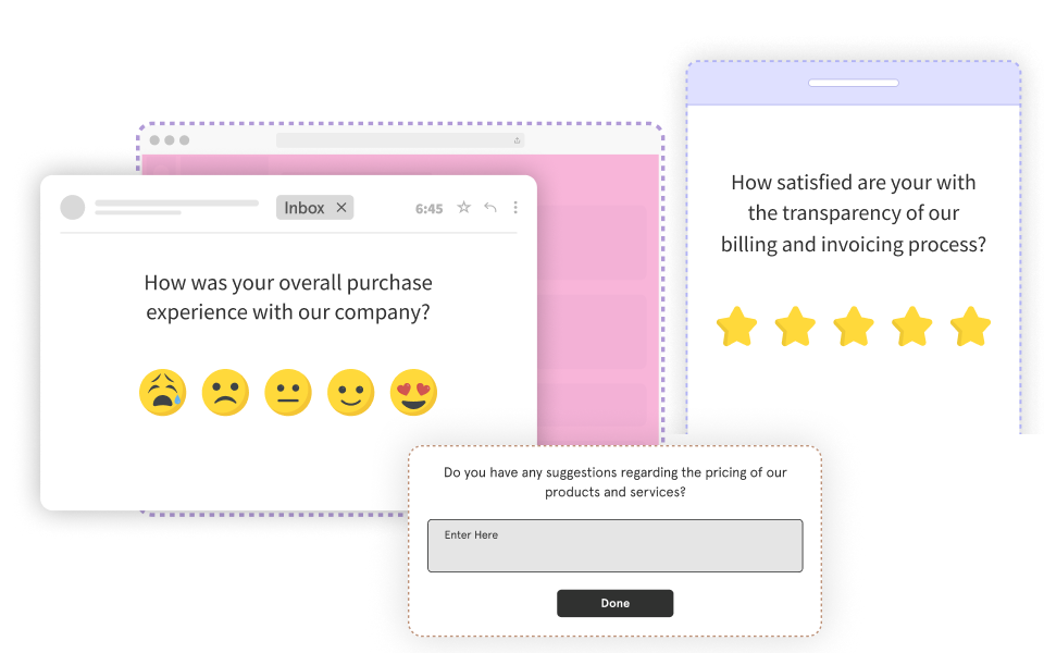 Customer feedback forms shown on screens, illustrating data collection for a first party data strategy.