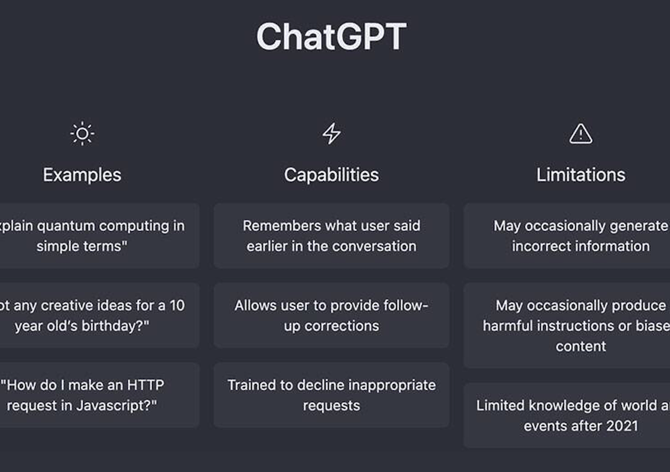 a screenshot of chatgpt's interface showing examples, capabilities, and limitations. it highlights how chatgpt for keyword research can help but has limitations like outdated knowledge and occasional inaccuracies.