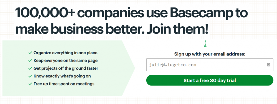 Basecamp sign-up page, promoting a first party data strategy for better business organization and project management.