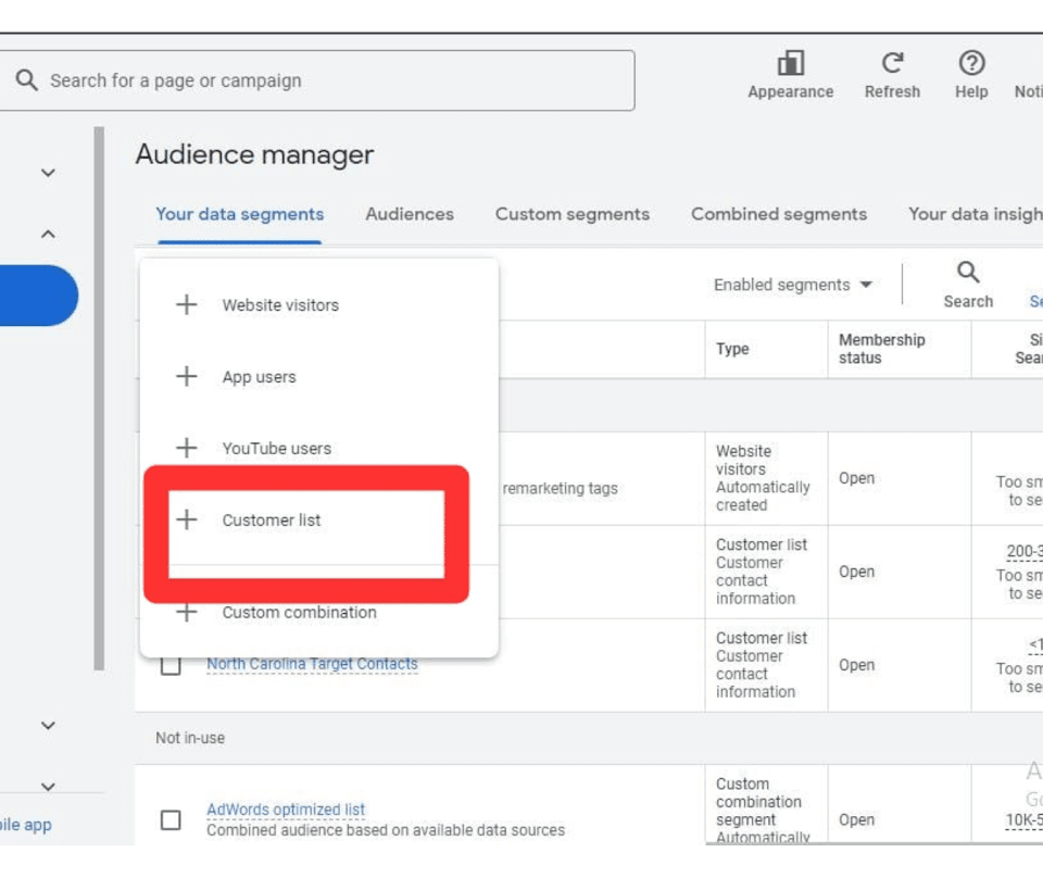 Screenshot of Google Ads Audience Manager, highlighting the 'Customer list' option for building a first party data strategy with audience segments.