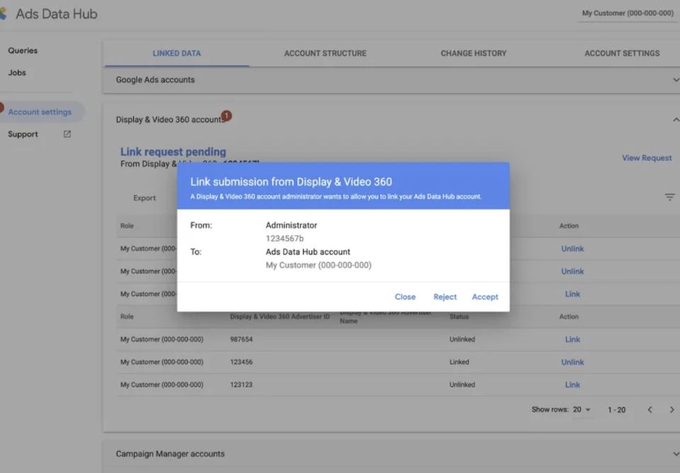 a screenshot from google ads data hub displaying a pending link request from display & video 360 to an ads data hub account.