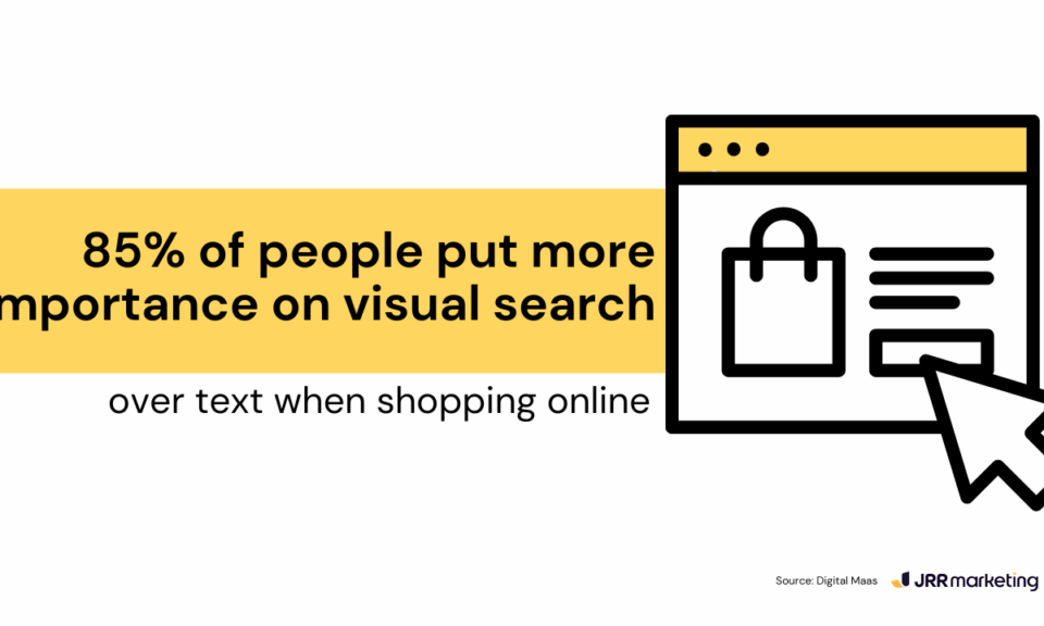 informative graphic with bold text stating “85% of people put more importance on visual search over text when shopping online,” alongside a simple browser illustration with a shopping bag icon and large cursor. a clear visual representation of consumer behavior, emphasizing why you should optimize for visual search in e-commerce to enhance online shopping engagement.