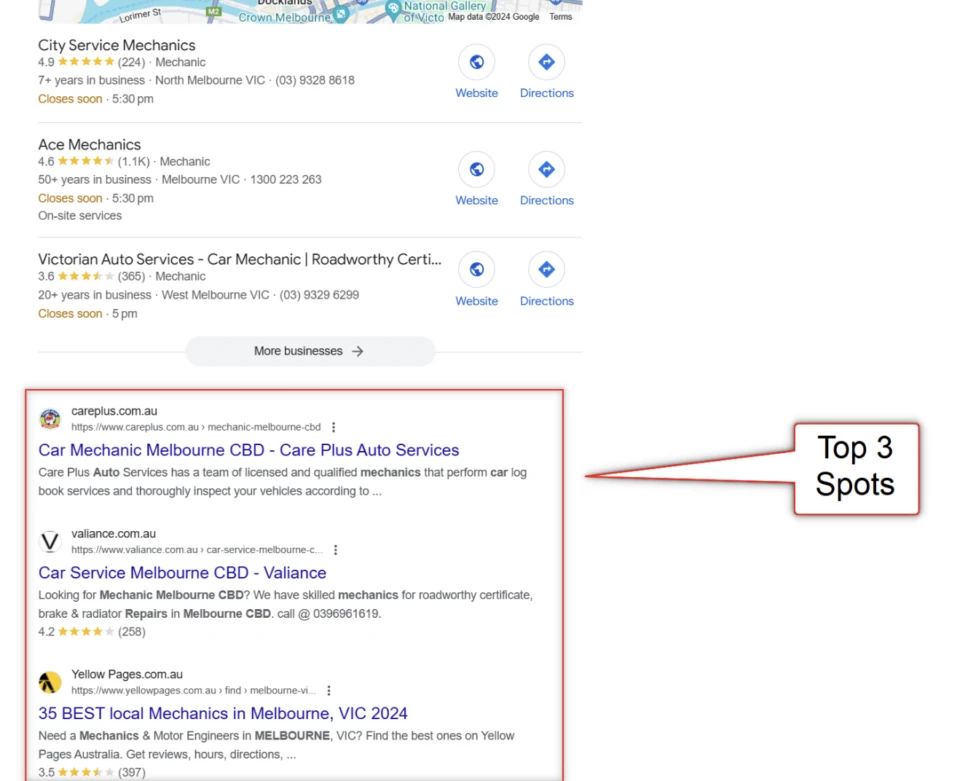 Screenshot of Google search results for local mechanics, highlighting the 'Top 3 Spots' in organic listings, demonstrating what an SEO consultant aims for.