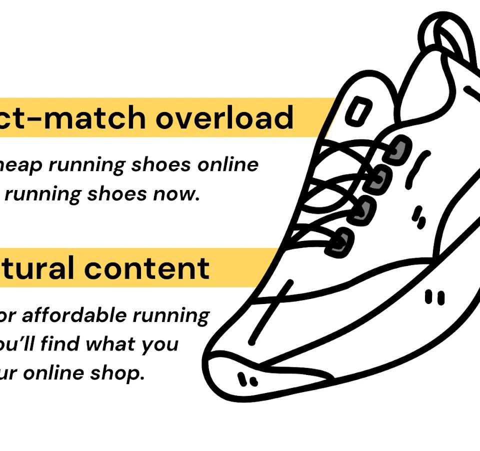 Illustration contrasting 'exact-match overload' with natural content for SEO, featuring a running shoe. Avoid these SEO mistakes.