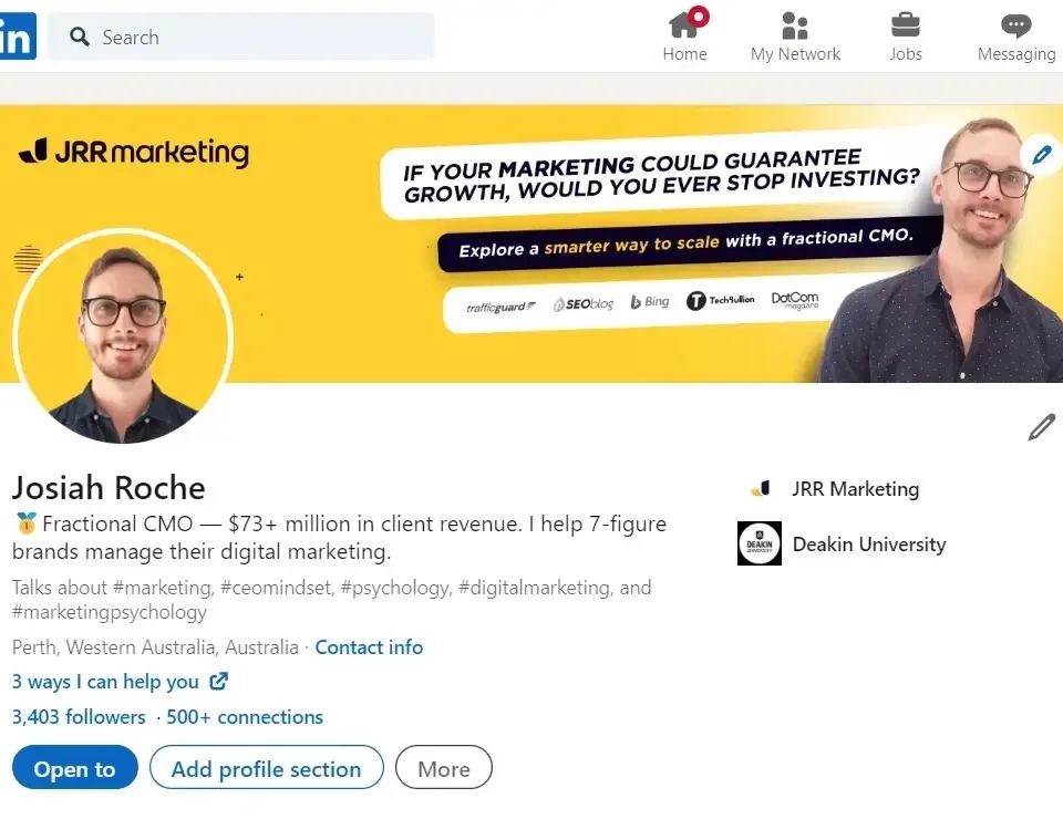 LinkedIn profile for Josiah Roche, Fractional CMO at JRR Marketing, showing his profile picture and banner with a marketing message.