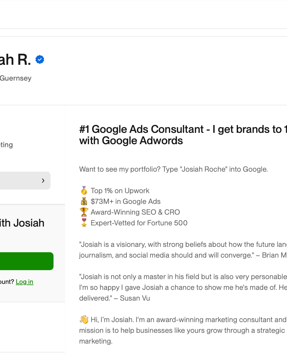 Upwork profile of Josiah R., a fractional CMO, showcasing his experience and client testimonials.