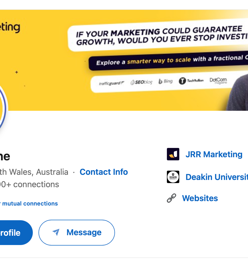 Josiah Roche's LinkedIn profile displaying his photo and a banner promoting fractional CMO jobs for JRR Marketing.