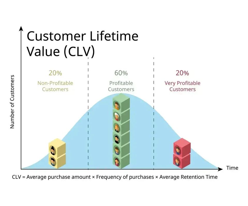 Customer Lifetime Value (CLV) bell curve showing 20% non-profitable, 60% profitable, and 20% very profitable customers over time.
