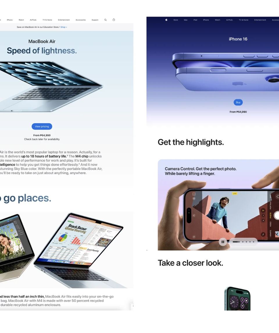 Apple website displaying MacBook Air and iPhone 16 product pages, featuring a silver laptop, purple smartphone, and a person taking a photo.