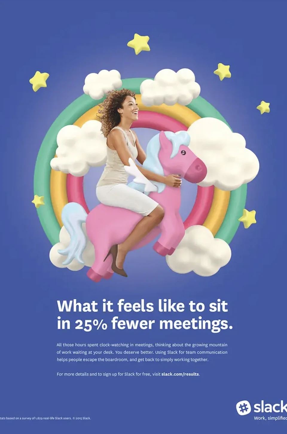 A joyful woman rides a pink unicorn through a rainbow, clouds, and stars, illustrating the feeling of fewer meetings.