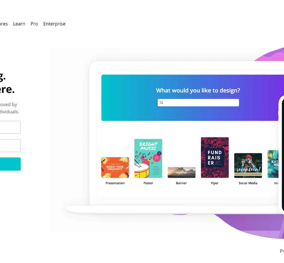 Canva homepage showing sign-up options, a laptop with design templates, and a phone displaying a logo design.