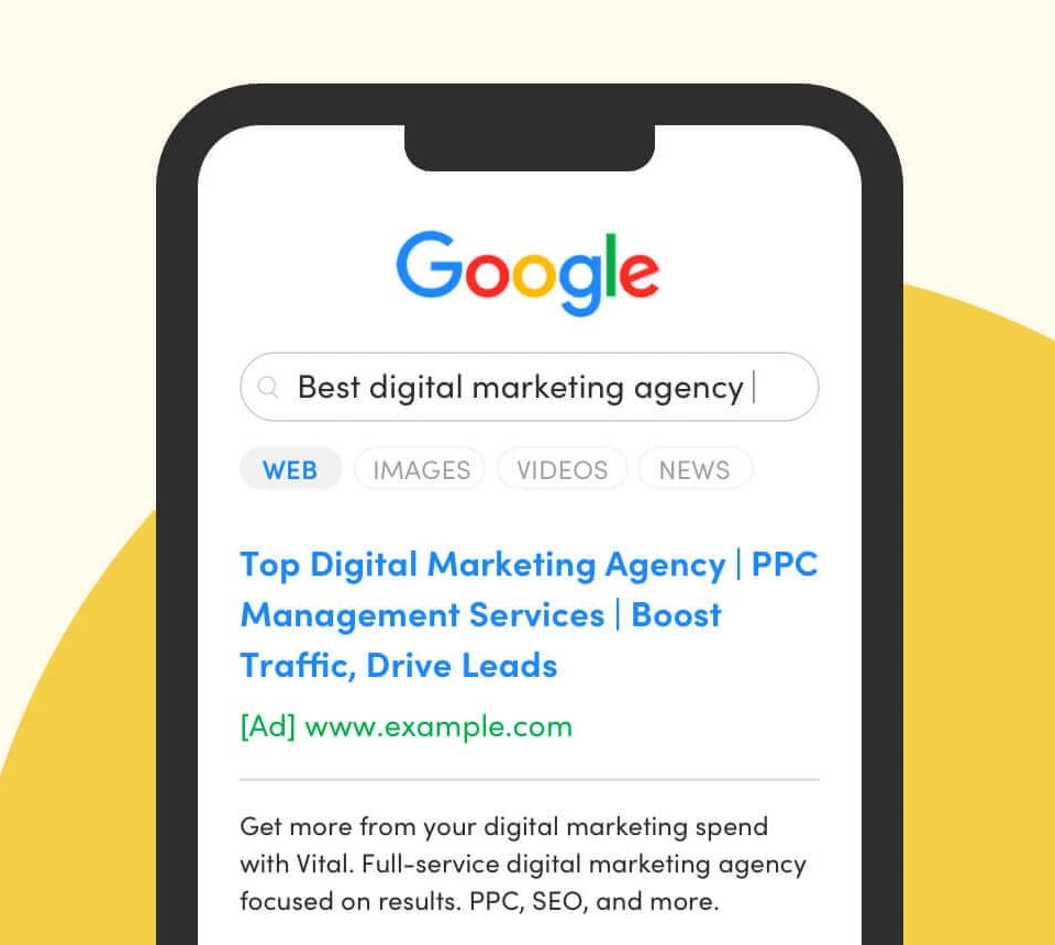 Smartphone displaying a Google search result for 'Best digital marketing agency', showing an ad for a digital marketing agency.