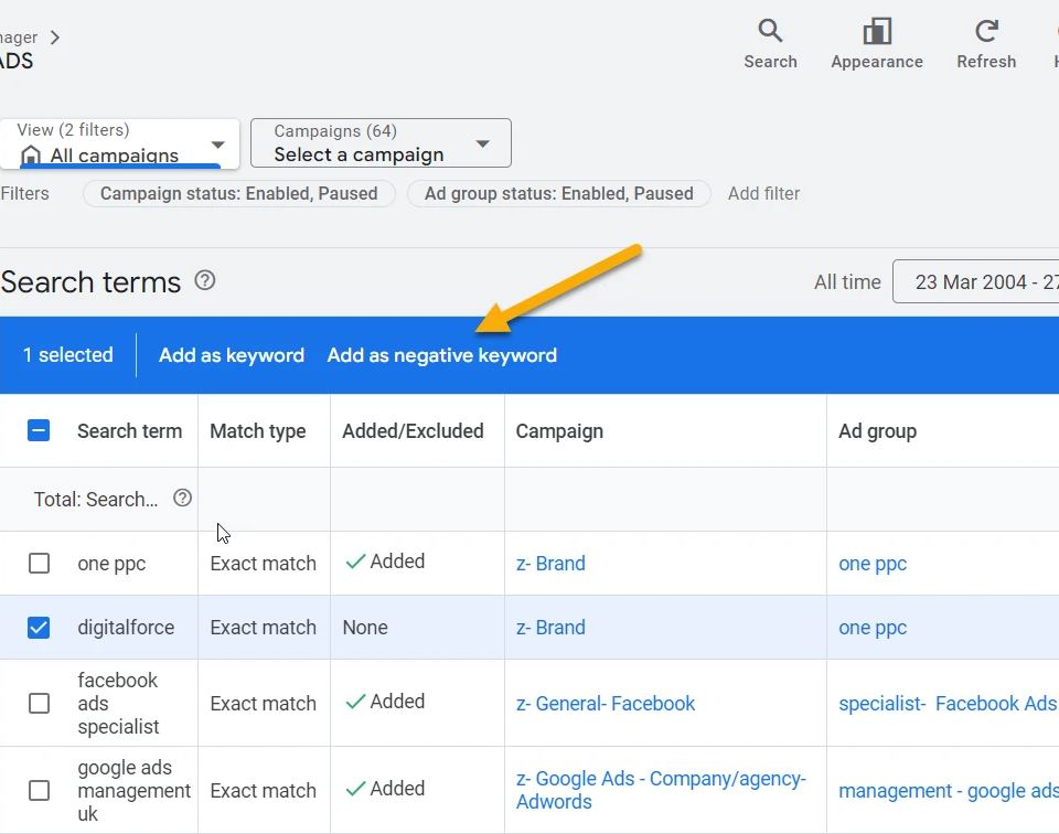 Google Ads interface showing 'Search terms' report with 'digitalforce' selected, highlighting options to add as keyword or negative keyword.