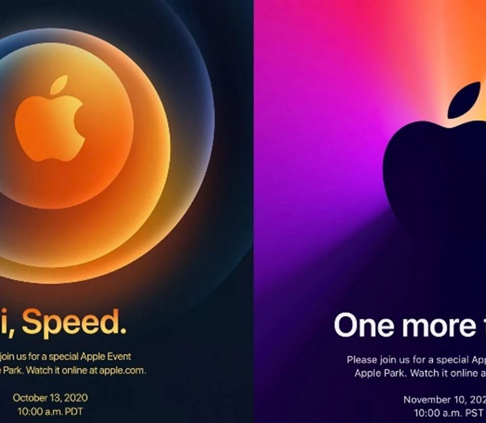 Apple event invitations side-by-side, showcasing different color schemes and the Apple logo. This visual marketing uses psychology of advertising to build anticipation.