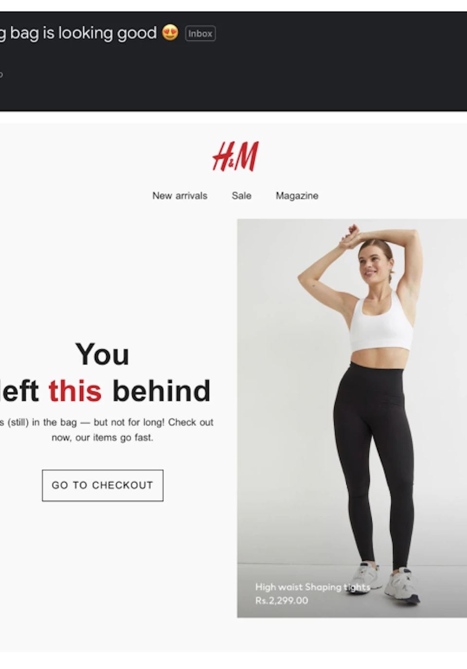 H&M abandoned cart email showing a model in shaping tights, using optimism bias to encourage checkout.