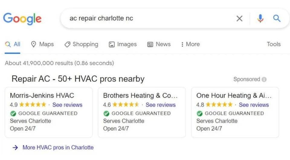Google search results for 'ac repair Charlotte nc' showing local service ads for HVAC pros.