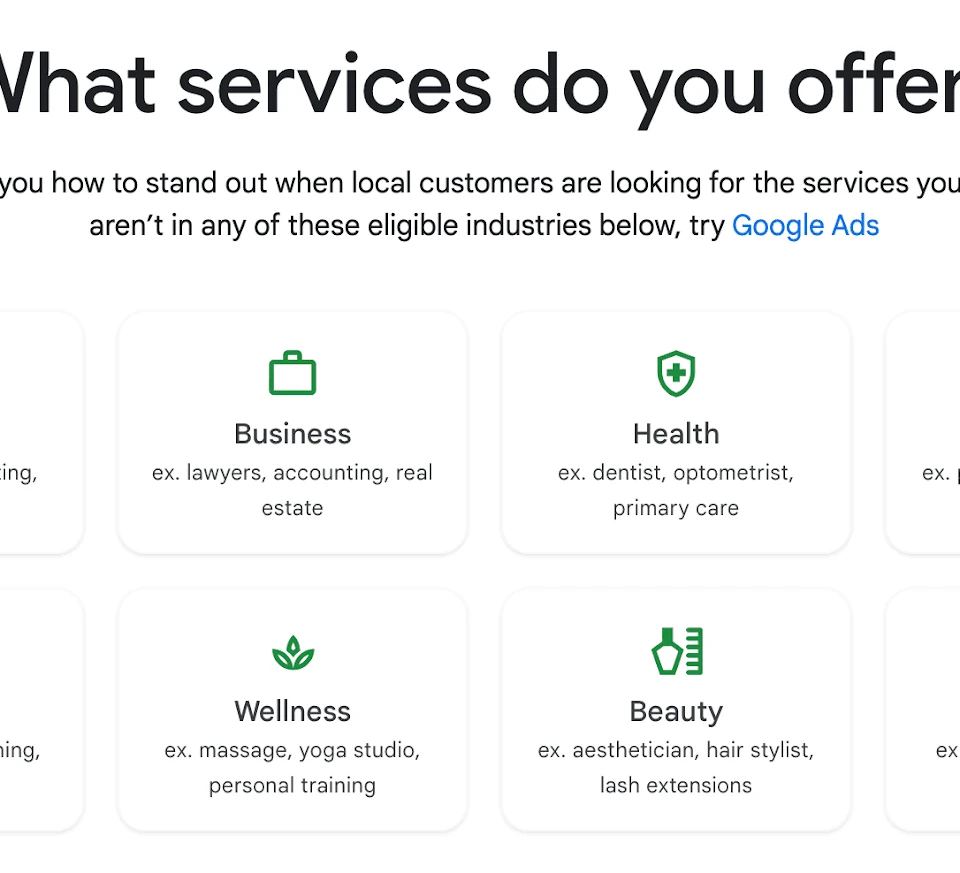 Screenshot of Google's 'What services do you offer?' page, listing eligible industries for local service ads.