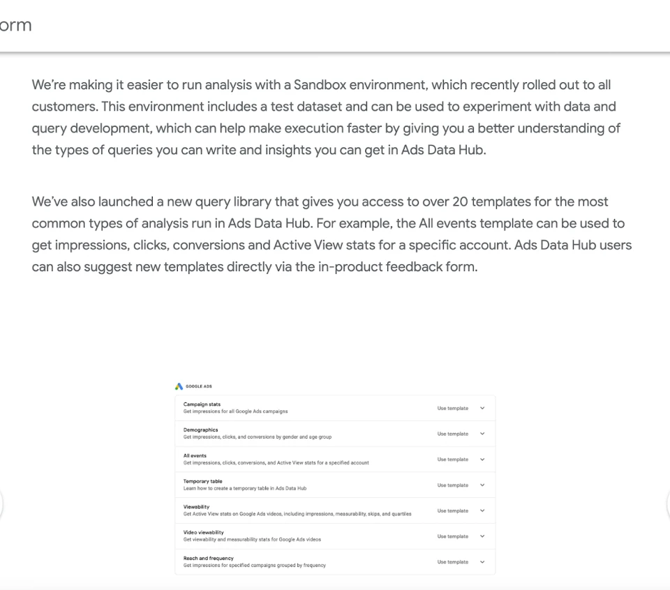 Screenshot showing Google Ads Data Hub query templates like 'Campaign stats' and 'All events' for comprehensive data analysis.