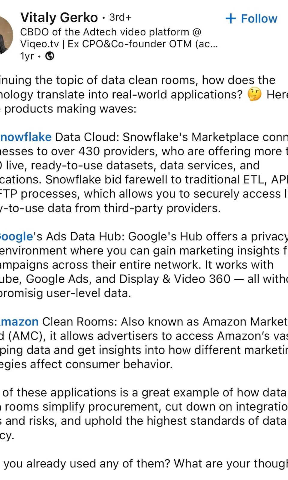 LinkedIn post by Vitaly Gerko discussing data clean rooms, highlighting Google Ads Data Hub, Snowflake, and Amazon Clean Rooms for marketing insights.