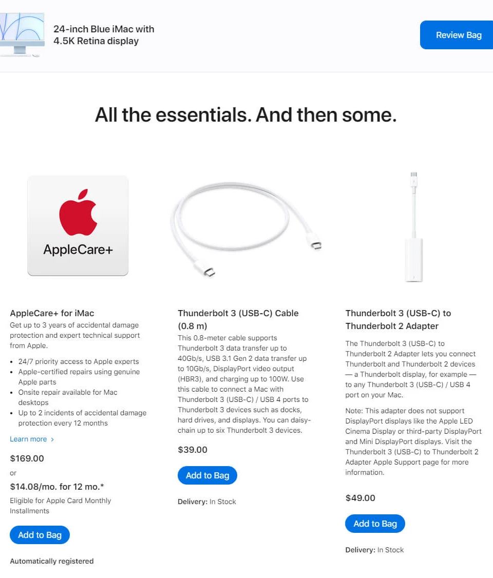 Screenshot of an Apple product page showing AppleCare+, a Thunderbolt 3 cable, and an adapter, suggesting add-on purchases to increase what does AOV mean.