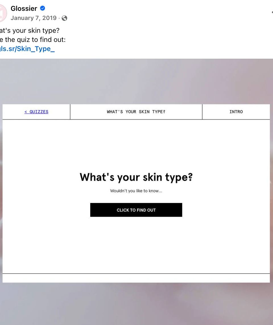 Glossier social media post promoting a 'What's your skin type?' quiz, using curiosity to leverage optimism bias for engagement.