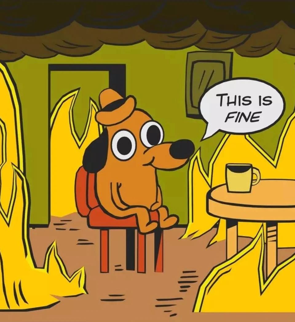 Cartoon dog in a burning room, calmly saying 'This is Fine,' illustrating extreme optimism bias.