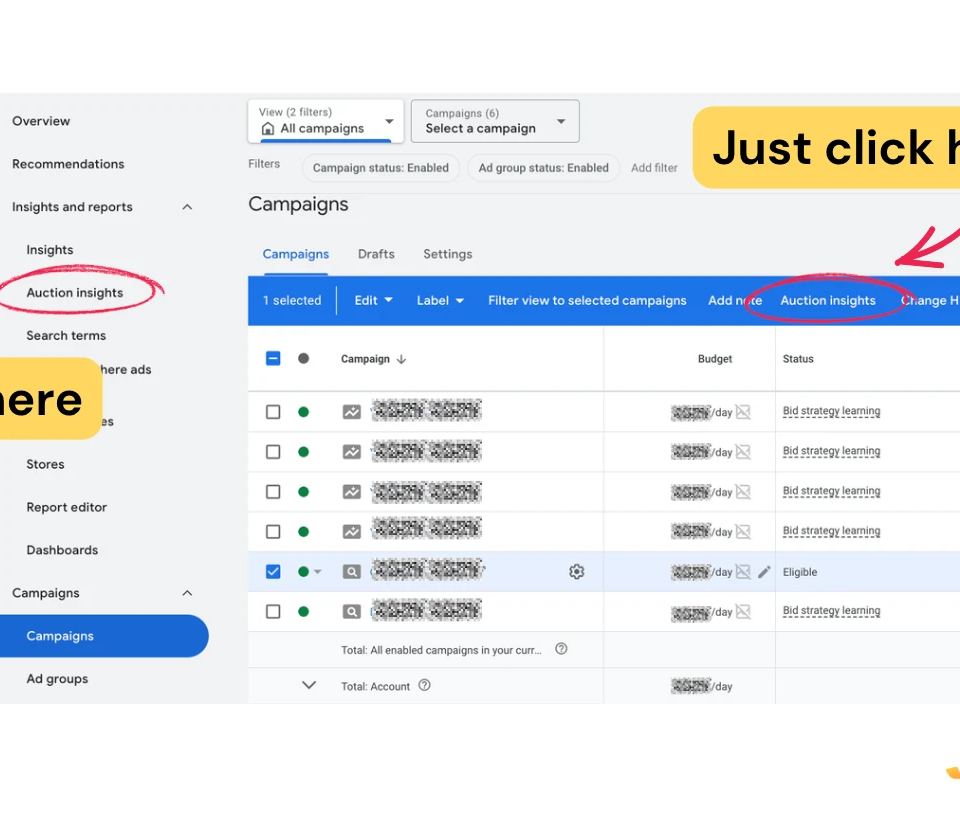 Screenshot of Google Ads interface showing how to access auction insights, with arrows pointing to the relevant options.
