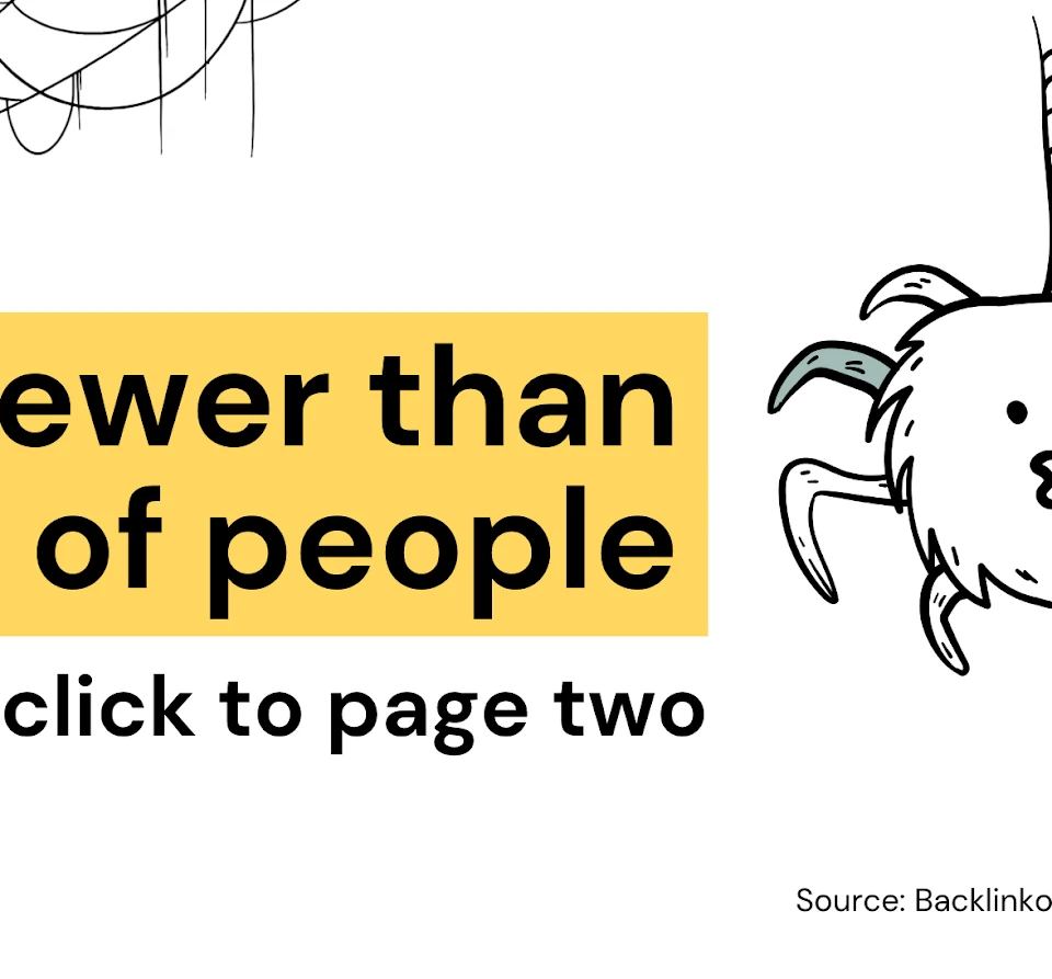Cartoon spider and web illustrate that fewer than 1% of people click to page two of search results, highlighting the need for an SEO consultant.