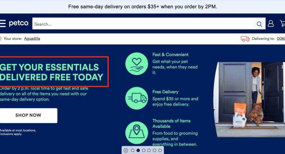 Petco website banner promoting free same-day delivery on orders over $35, a strategy to increase what does AOV mean.