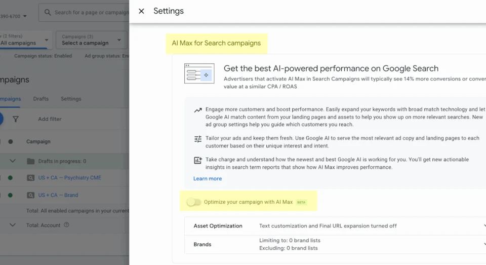 screenshot of google ads showing ai max for search campaigns to improve performance in a paid search strategy.
