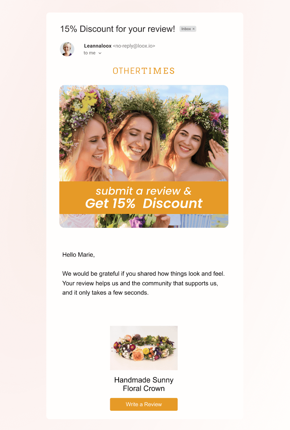 An email showcasing how to ask for testimonials, offering a 15% discount for submitting a review.