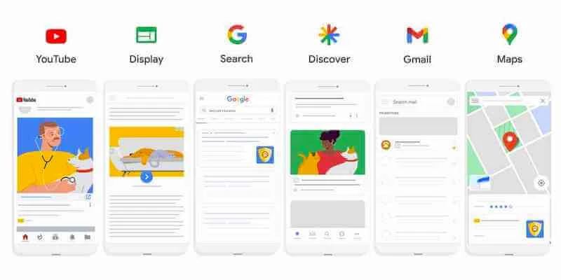 Mobile phone screens showing examples of what is SEM in digital marketing across Google apps like YouTube, Search, and Maps.