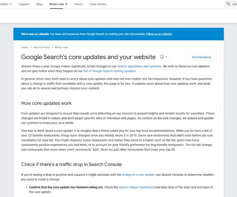 Google Search Central page explaining core updates. An SEO consultant understands these updates and their impact on rankings.