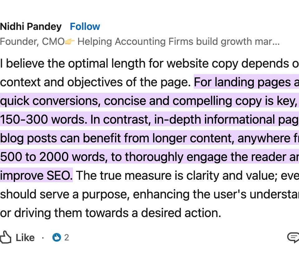 LinkedIn post by Nidhi Pandey discussing content length for website copy to become an authority in your niche.
