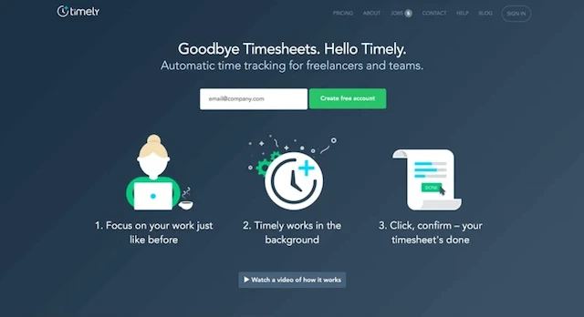 Timely's landing page illustrating a three-step process for automatic time tracking.