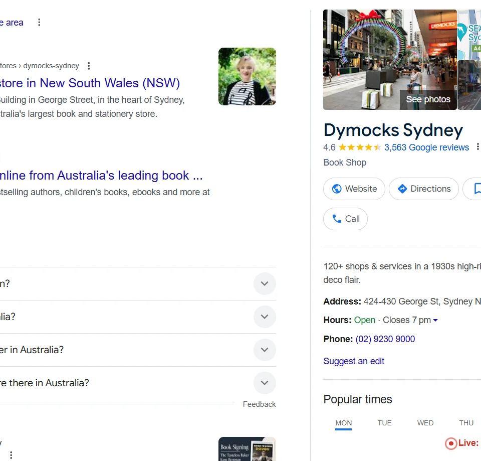 Google search results for Dymocks Sydney, showing local business information including address, hours, and 'People also ask' section. This illustrates the search visibility an SEO consultant can improve.