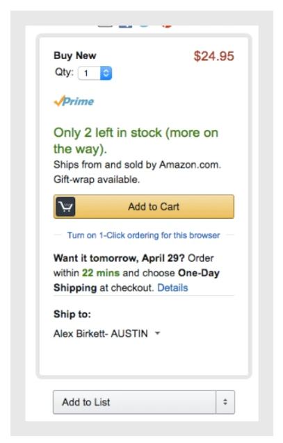 amazon product page with a message, 'only 2 left in stock—order soon,' utilizing the perceived scarcity effect to prompt immediate purchase."
