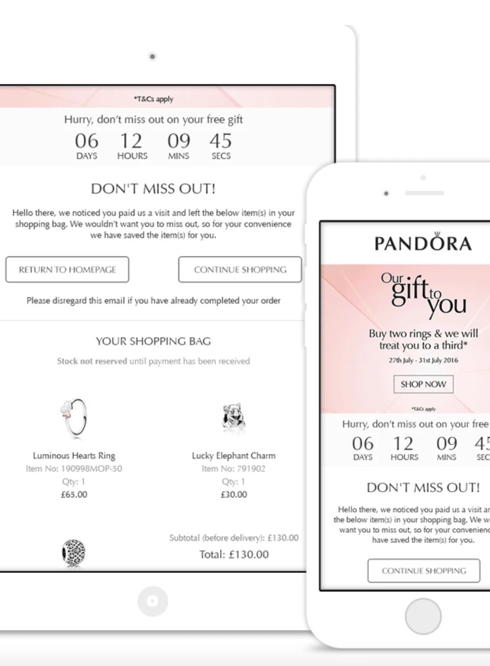 Tablet and smartphone displaying abandoned cart emails with countdown timers and product details, strategies to improve what AOV means.