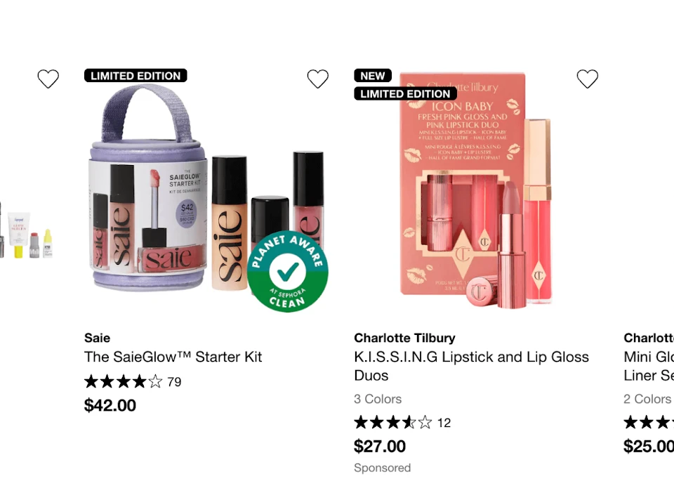 A Sephora product page displaying various makeup kits, including Saie and Charlotte Tilbury, to help understand what AOV means for beauty brands.