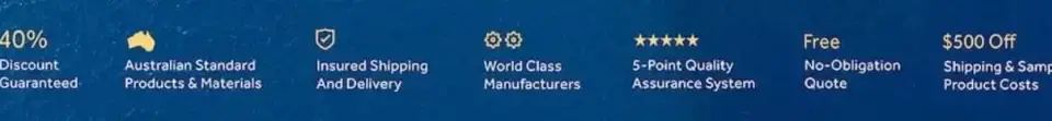 List of unique selling propositions including 40% discount, insured shipping, and 5-point quality assurance.