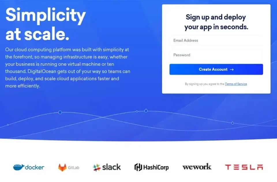 DigitalOcean signup page with 'Simplicity at scale' and logos of Docker, GitLab, Slack, HashiCorp, Wework, Tesla.