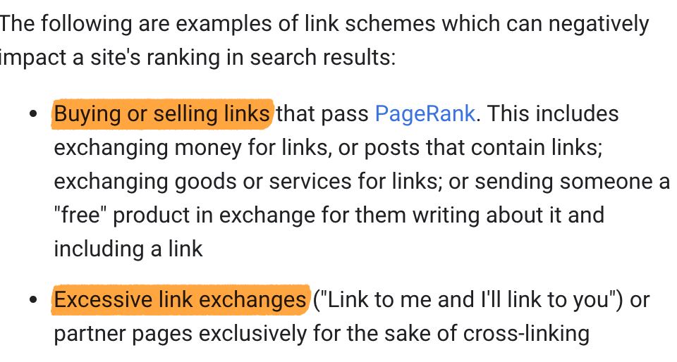 Screenshot highlighting 'Buying or selling links' and 'Excessive link exchanges' as bad practices for a link building campaign.