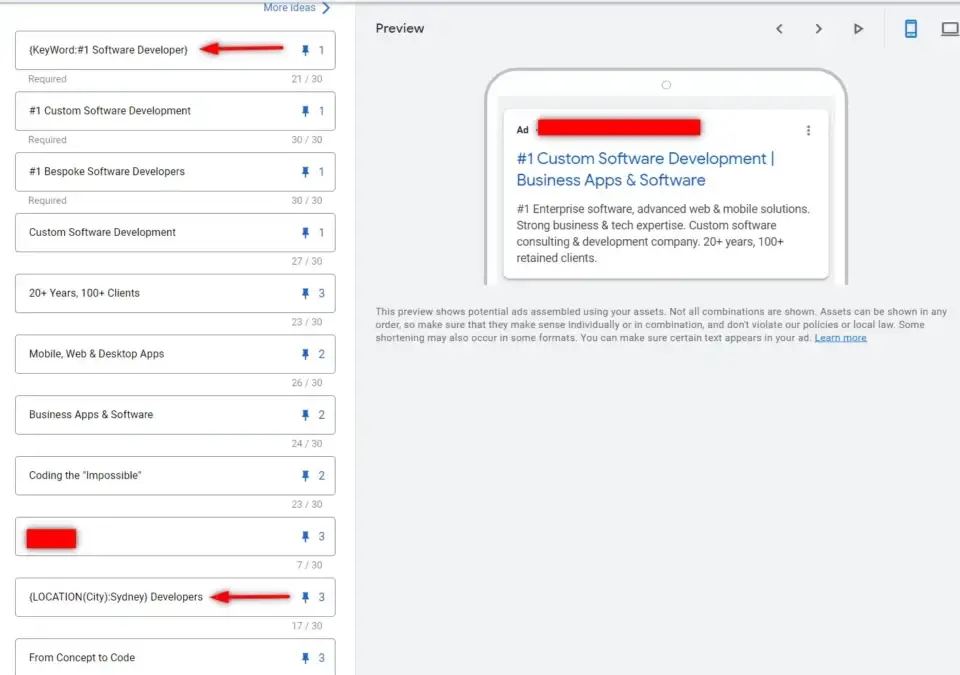 a screenshot of a google ads setup with fields for dynamic keyword insertion and location operators. these features allow for customised ads that automatically include relevant keywords and location information based on the user's search query. 
