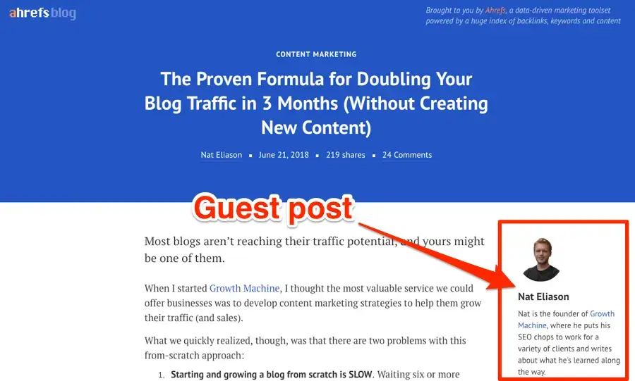 Ahrefs blog post interface showing a guest post, highlighting why is link building important for SEO.