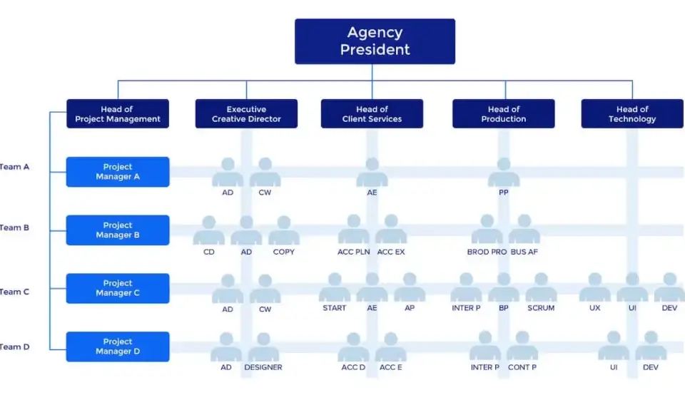 a hierarchy chart for a typical agency, starting with the agency president at the top and branching out to various positions such as the head of project management, executive director, head of client services, head of production, and head of technology.