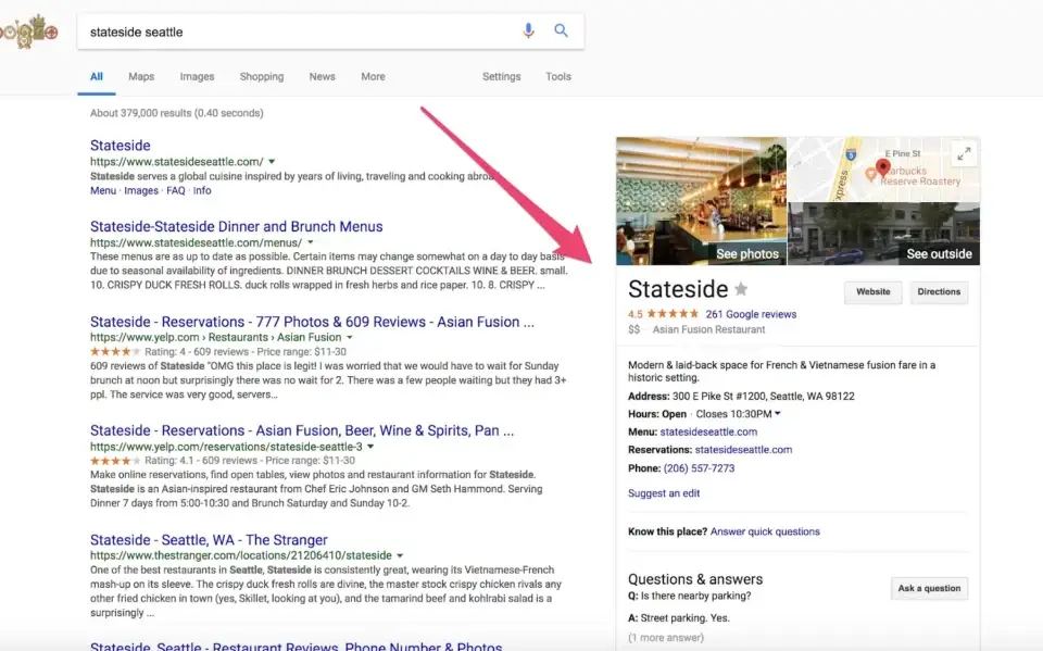a screenshot of a google search result displaying a local search for "stateside seattle" on the right-hand side of the screen. the local search includes information such as the business's address, phone number, website, and reviews. this information is helpful for users who are looking for local businesses and want to learn more about them. 