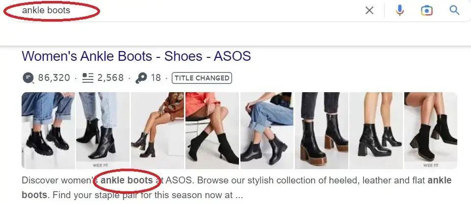 Google search results for 'ankle boots' showing a shopping ad using dynamic keyword insertion to match the query.