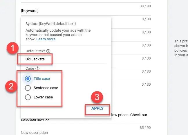 Screenshot showing Google Ads keyword insertion setup for 'Ski Jackets' to improve Google Ad Strength.